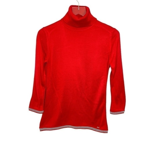 Tommy Hilfiger Bright Red Turtleneck Sweater Navy/White Accents Metal Logo Sz XS - Picture 10 of 14